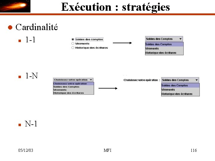 Exécution : stratégies l Cardinalité n 1 -1 n 1 -N n N-1 05/12/03