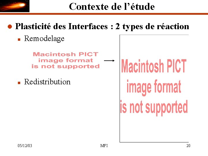 Contexte de l’étude l Plasticité des Interfaces : 2 types de réaction n Remodelage