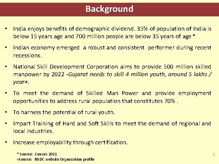 Background • India enjoys benefits of demographic dividend. 35% of population of India is