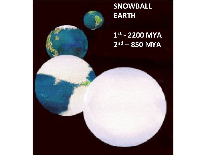 SNOWBALL EARTH 1 st - 2200 MYA 2 nd – 850 MYA 