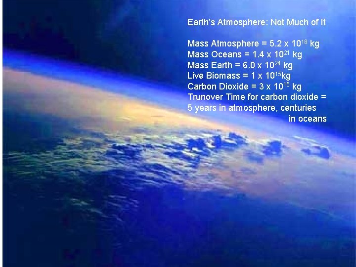 Earth’s Atmosphere: Not Much of It Mass Atmosphere = 5. 2 x 1018 kg