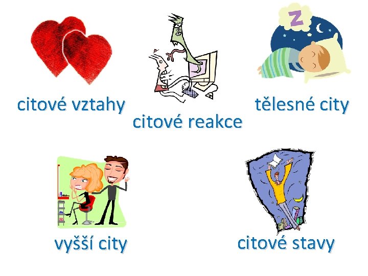 citové vztahy vyšší city citové reakce tělesné city citové stavy 