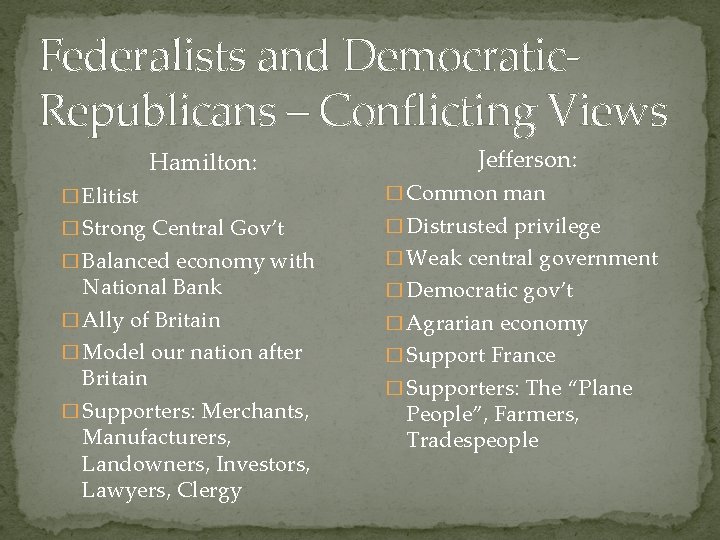 Federalists and Democratic. Republicans – Conflicting Views Hamilton: � Elitist � Strong Central Gov’t