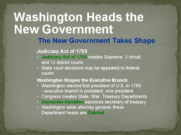 Washington Heads the New Government Takes Shape Judiciary Act of 1789 • Judiciary Act Washington Heads the New Government Takes Shape Judiciary Act of 1789 • Judiciary Act