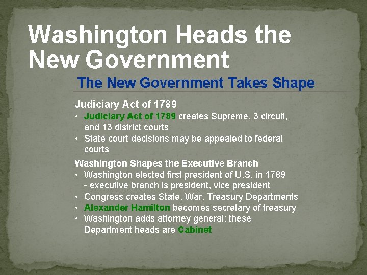 Washington Heads the New Government Takes Shape Judiciary Act of 1789 • Judiciary Act