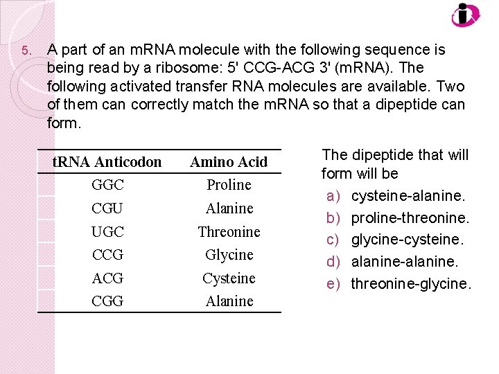 5. A part of an m. RNA molecule with the following sequence is being