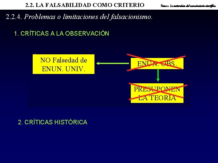 2. 2. LA FALSABILIDAD COMO CRITERIO Tema 1. La naturaleza del conocimiento científico. 2.