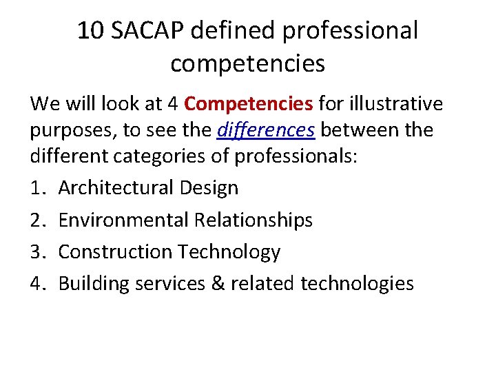 10 SACAP defined professional competencies We will look at 4 Competencies for illustrative purposes,