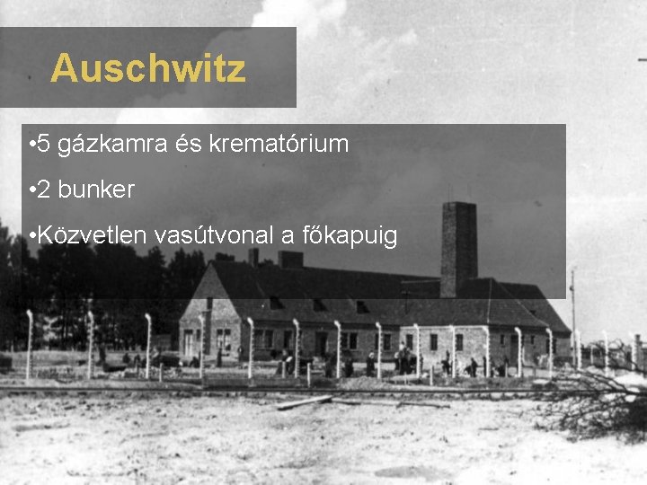 Auschwitz • 5 gázkamra és krematórium • 2 bunker • Közvetlen vasútvonal a főkapuig