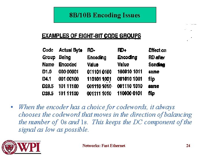 8 B/10 B Encoding Issues • When the encoder has a choice for codewords,