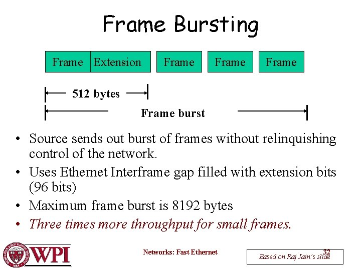 Frame Bursting Frame Extension Frame 512 bytes Frame burst • Source sends out burst