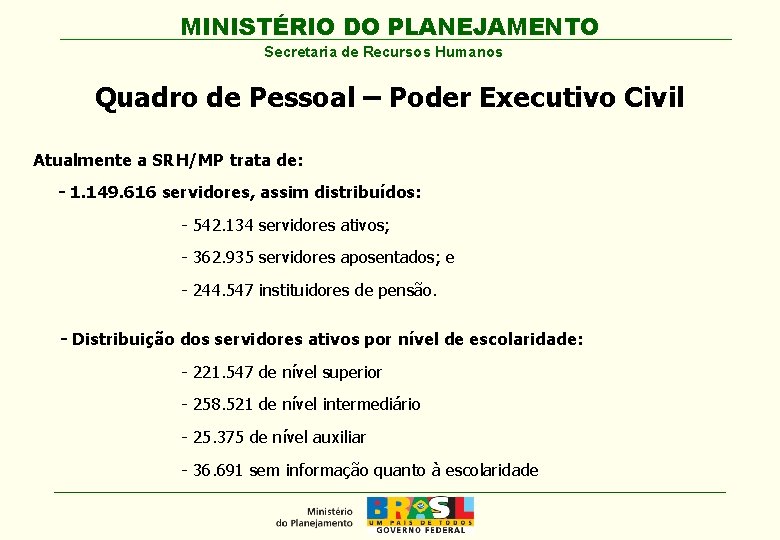 MINISTÉRIO DO PLANEJAMENTO Secretaria de Recursos Humanos Quadro de Pessoal – Poder Executivo Civil