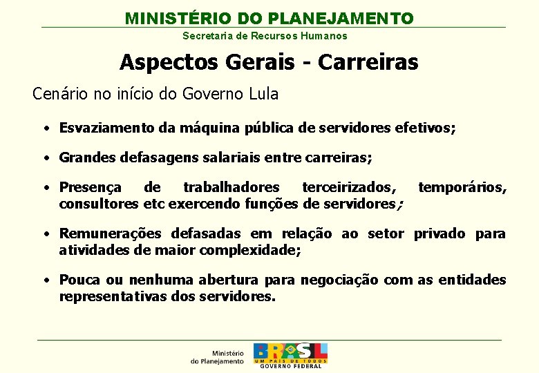 MINISTÉRIO DO PLANEJAMENTO Secretaria de Recursos Humanos Aspectos Gerais - Carreiras Cenário no início