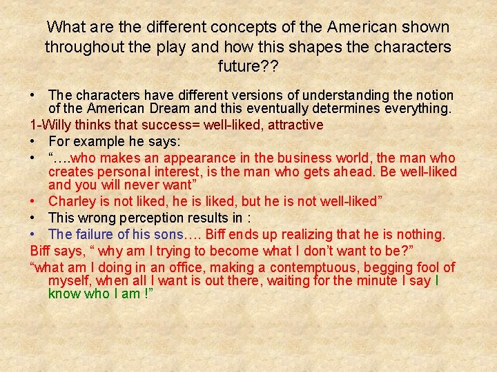 What are the different concepts of the American shown throughout the play and how