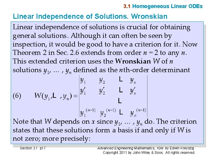 3. 1 Homogeneous Linear ODEs Linear Independence of Solutions. Wronskian Linear independence of solutions