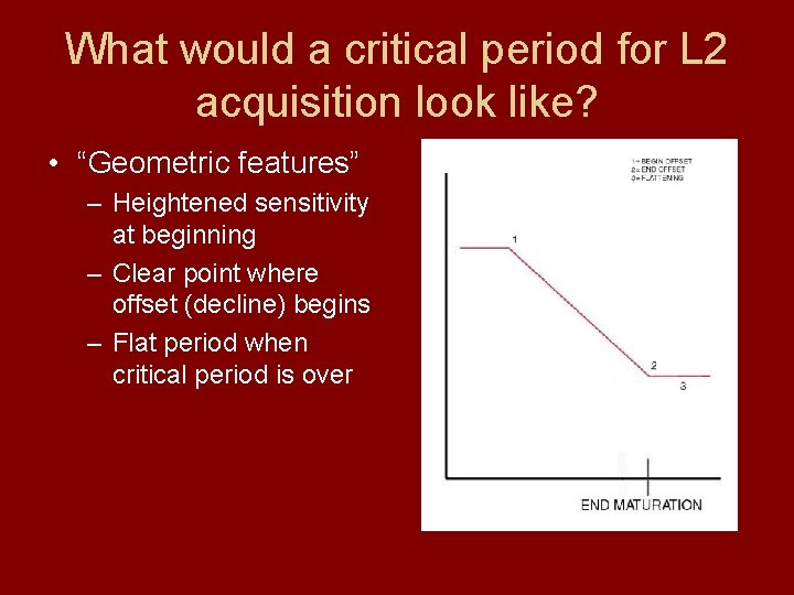 What would a critical period for L 2 acquisition look like? • “Geometric features”