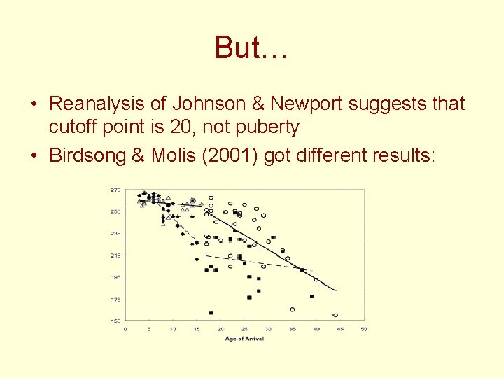 But… • Reanalysis of Johnson & Newport suggests that cutoff point is 20, not