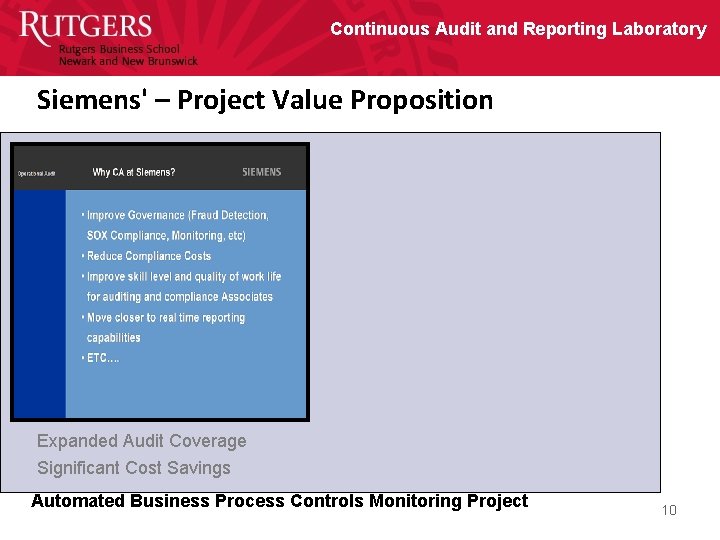 Continuous Audit and Reporting Laboratory Siemens' – Project Value Proposition Expanded Audit Coverage Significant