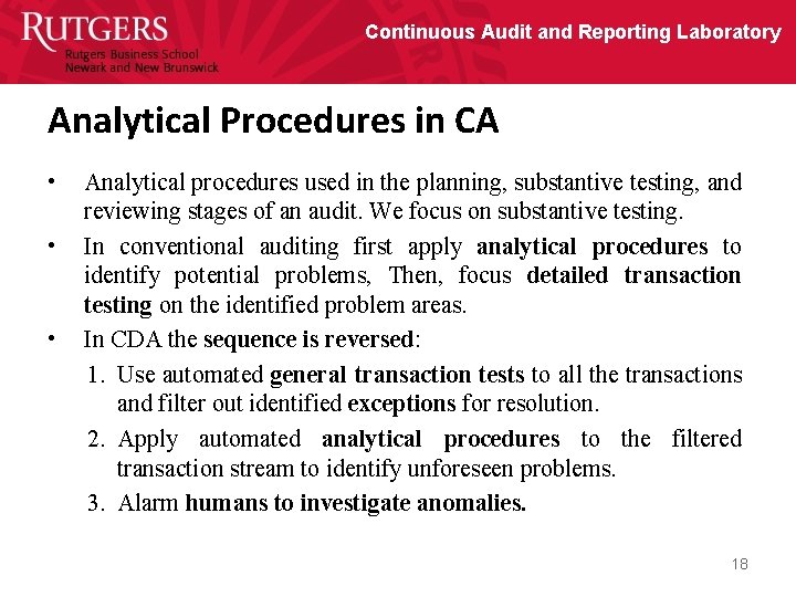 Continuous Audit and Reporting Laboratory Analytical Procedures in CA • • • Analytical procedures