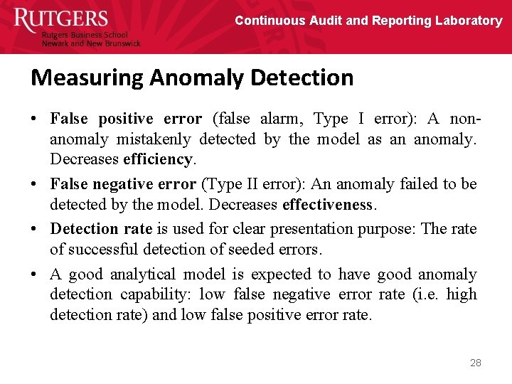 Continuous Audit and Reporting Laboratory Measuring Anomaly Detection • False positive error (false alarm,