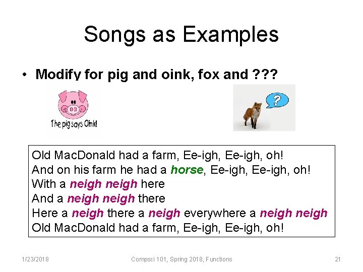 Songs as Examples • Modify for pig and oink, fox and ? ? ?