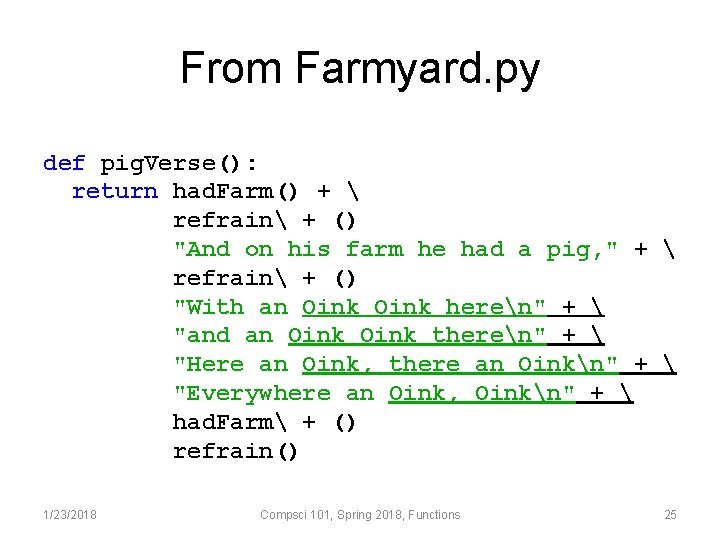 From Farmyard. py def pig. Verse(): return had. Farm() +  refrain + ()