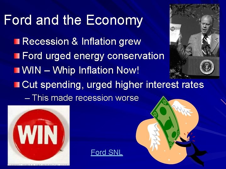 Ford and the Economy Recession & Inflation grew Ford urged energy conservation WIN –