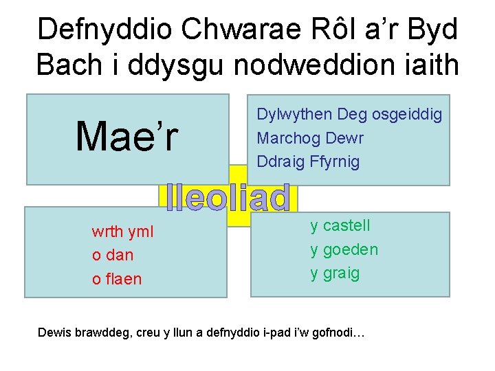 Defnyddio Chwarae Rôl a’r Byd Bach i ddysgu nodweddion iaith Mae’r Dylwythen Deg osgeiddig