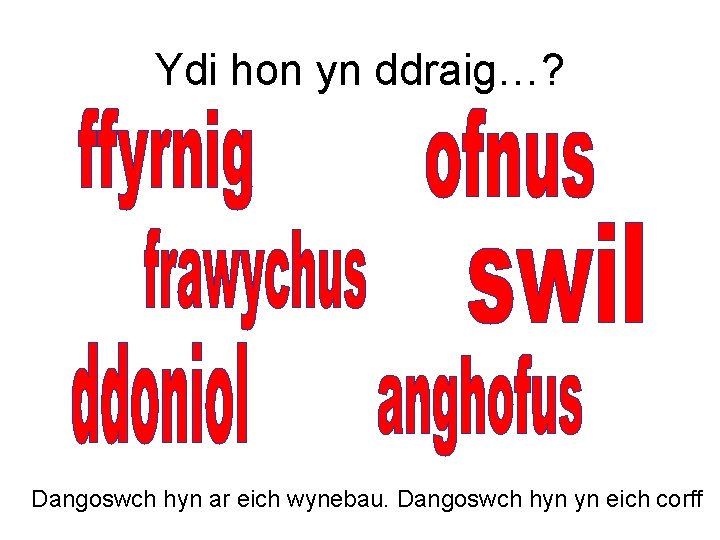 Ydi hon yn ddraig…? Dangoswch hyn ar eich wynebau. Dangoswch hyn yn eich corff