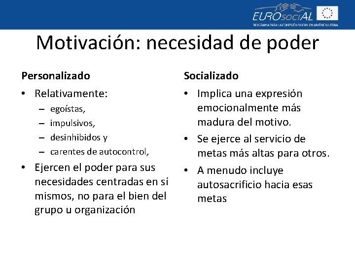 Motivación: necesidad de poder Personalizado Socializado • Relativamente: • Implica una expresión emocionalmente más