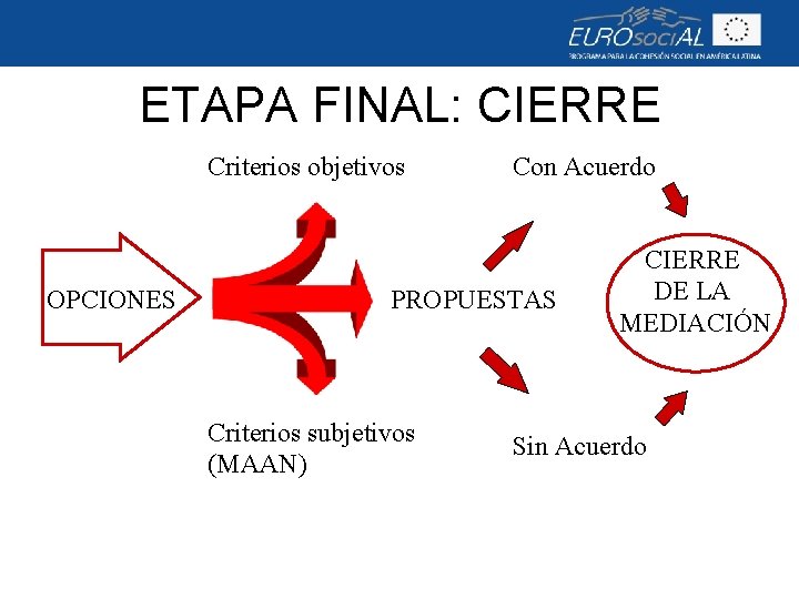 ETAPA FINAL: CIERRE Criterios objetivos OPCIONES Con Acuerdo PROPUESTAS Criterios subjetivos (MAAN) CIERRE DE