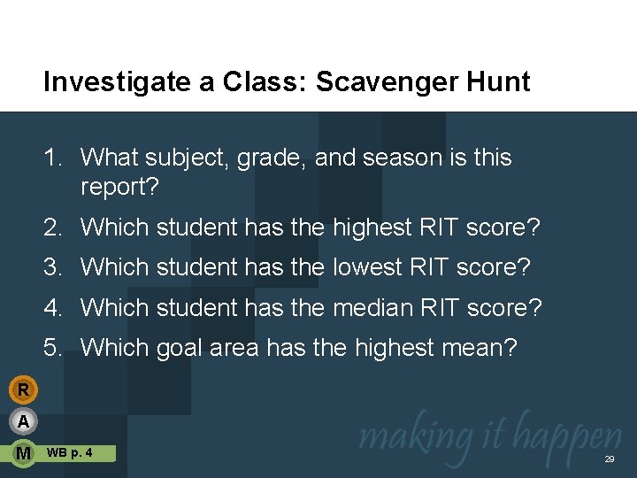Investigate a Class: Scavenger Hunt 1. What subject, grade, and season is this report?
