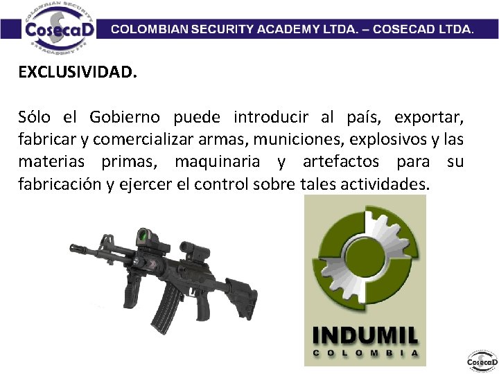 EXCLUSIVIDAD. Sólo el Gobierno puede introducir al país, exportar, fabricar y comercializar armas, municiones,