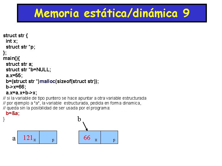 Memoria estática/dinámica 9 struct str { int x; struct str *p; }; main(){ struct