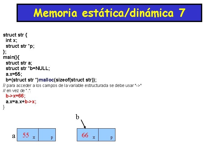 Memoria estática/dinámica 7 struct str { int x; struct str *p; }; main(){ struct