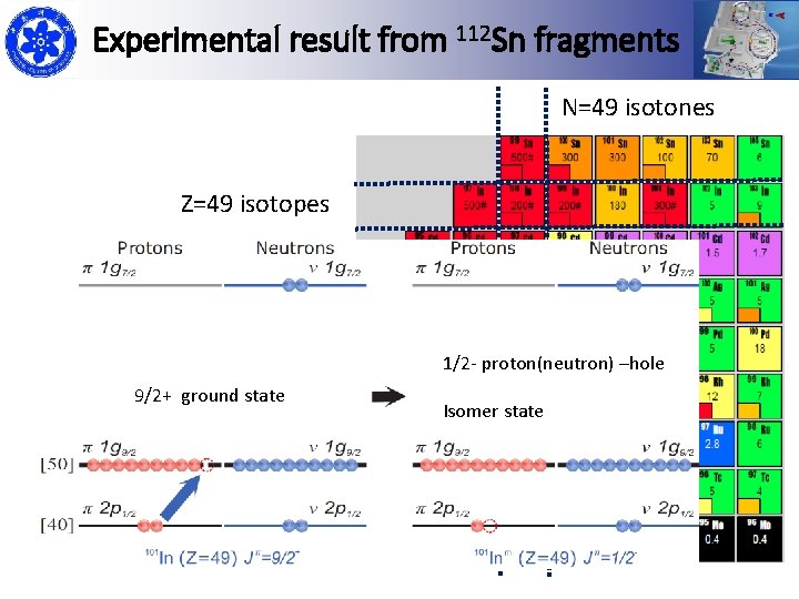 Experimental result from 112 Sn fragments N=49 isotones Z=49 isotopes 1/2 - proton(neutron) –hole