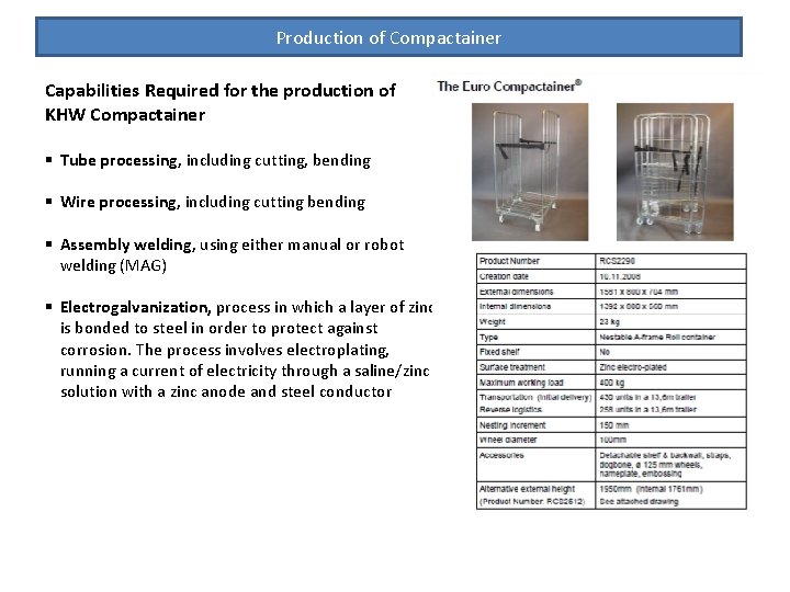 Production of Compactainer Capabilities Required for the production of KHW Compactainer § Tube processing,