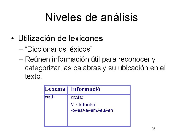 Niveles de análisis • Utilización de lexicones – “Diccionarios léxicos” – Reúnen información útil