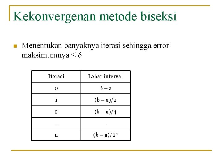 Kekonvergenan metode biseksi n Menentukan banyaknya iterasi sehingga error maksimumnya ≤ Iterasi Lebar interval