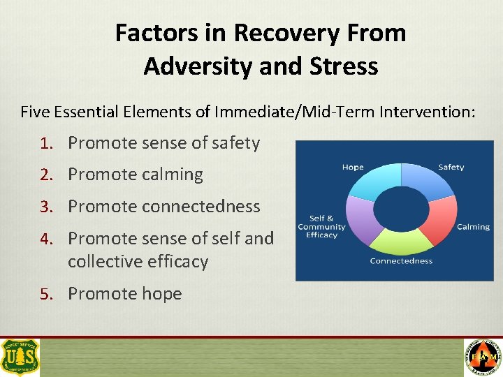 Factors in Recovery From Adversity and Stress Five Essential Elements of Immediate/Mid-Term Intervention: 1.
