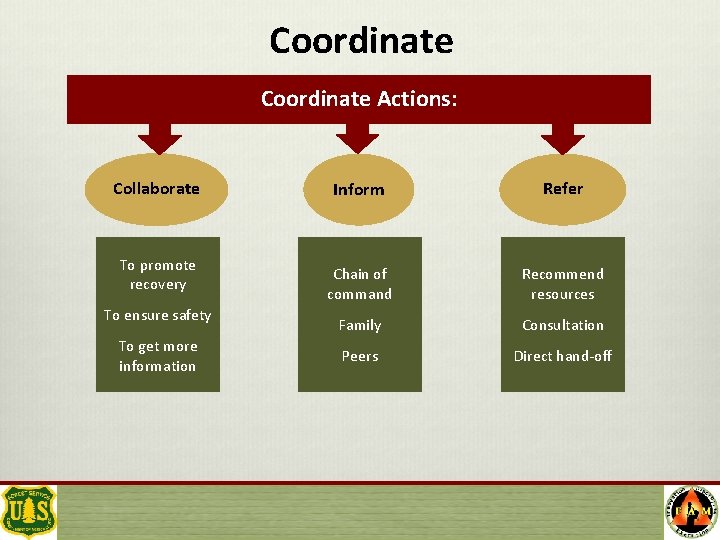 Coordinate Actions: Collaborate To promote recovery To ensure safety To get more information Inform