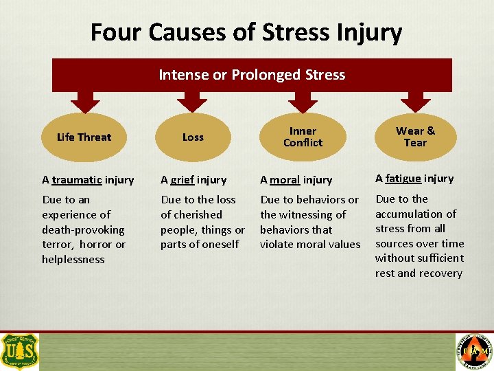 Four Causes of Stress Injury Intense or Prolonged Stress Life Threat Loss Inner Conflict