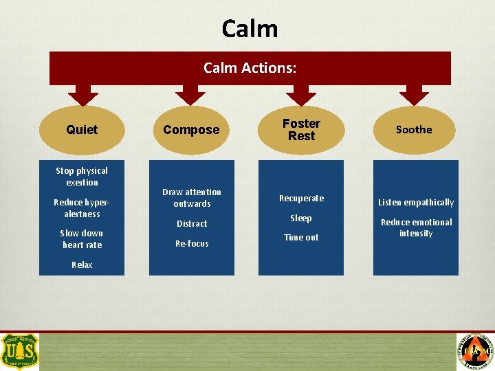 Calm Actions: Quiet Stop physical exertion Reduce hyperalertness Slow down heart rate Relax Compose