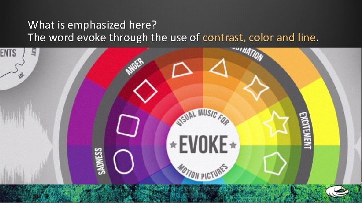 What is emphasized here? The word evoke through the use of contrast, color and