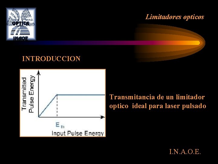 Limitadores opticos INTRODUCCION Transmitancia de un limitador optico ideal para laser pulsado I. N. Limitadores opticos INTRODUCCION Transmitancia de un limitador optico ideal para laser pulsado I. N.