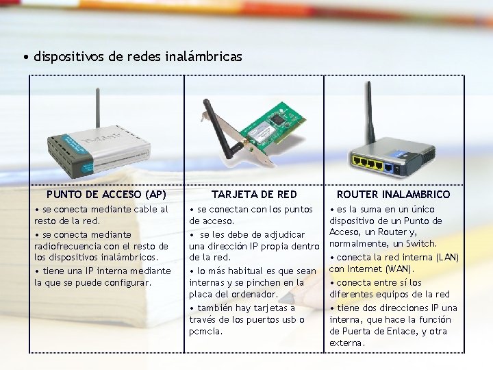  • dispositivos de redes inalámbricas PUNTO DE ACCESO (AP) • se conecta mediante