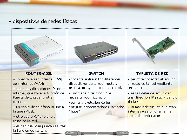  • dispositivos de redes físicas ROUTER-ADSL SWITCH TARJETA DE RED • conecta la