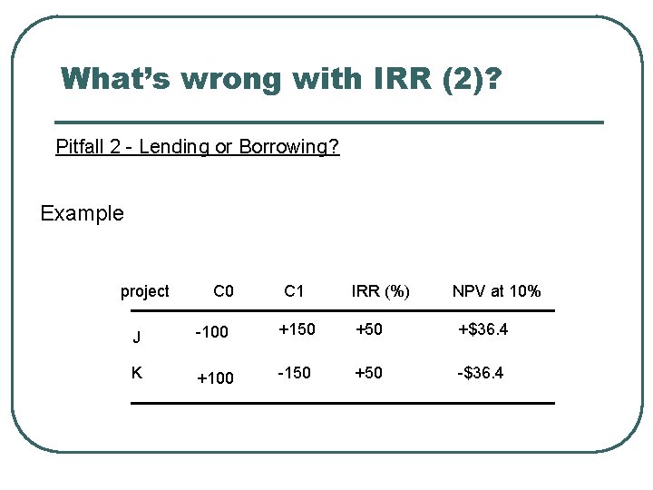 What’s wrong with IRR (2)? Pitfall 2 - Lending or Borrowing? Example project C