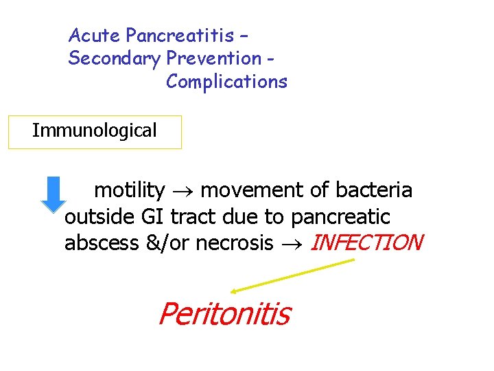 Acute Pancreatitis – Secondary Prevention Complications Immunological GI motility movement of bacteria outside GI