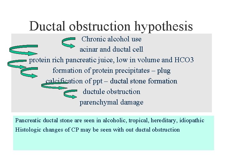 Ductal obstruction hypothesis Chronic alcohol use acinar and ductal cell protein rich pancreatic juice,